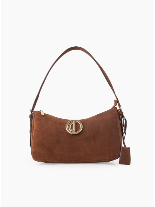 Bolsa Baguete Média Logo Couro Camurça Cacau