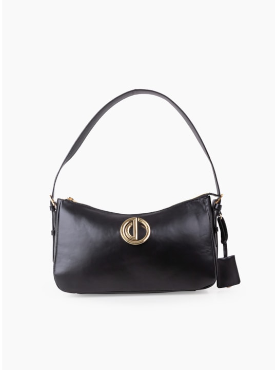 Bolsa Baguete Média Logo Couro Preto