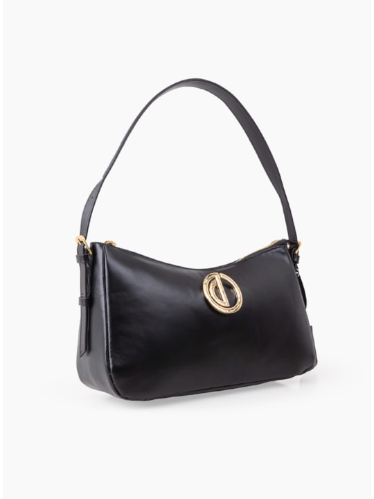 Bolsa Baguete Média Logo Couro Preto