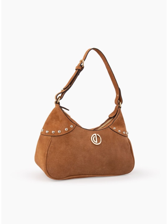 Bolsa Couro Caramelo Média Esferas Douradas