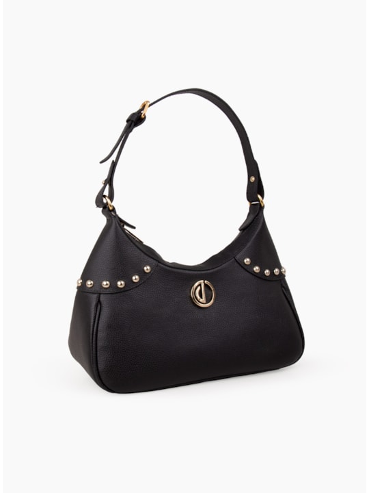 Bolsa Preta Média Couro Esferas Douradas