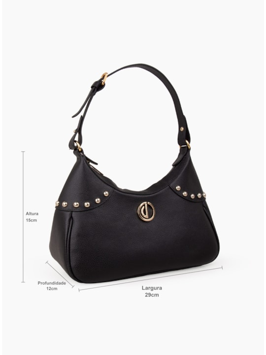 Bolsa Preta Média Couro Esferas Douradas