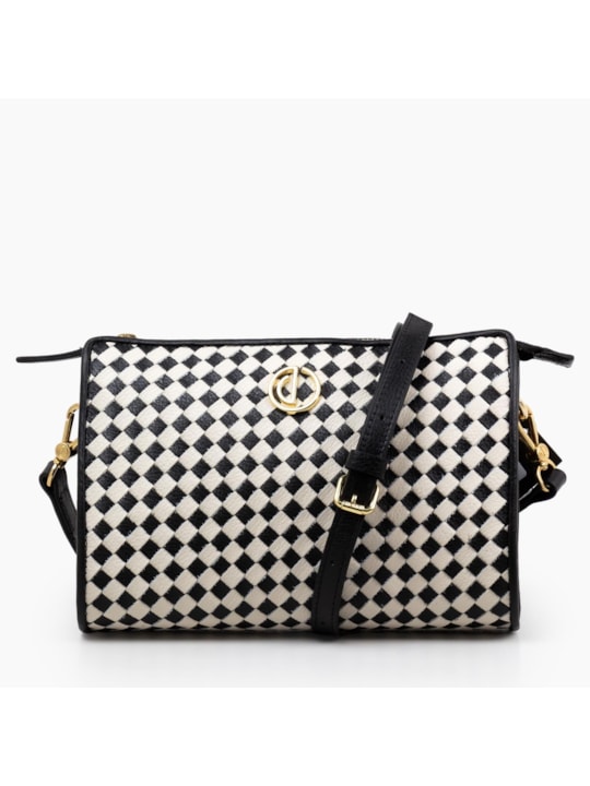 Bolsa Tiracolo tramado de Couro Preto/Off White