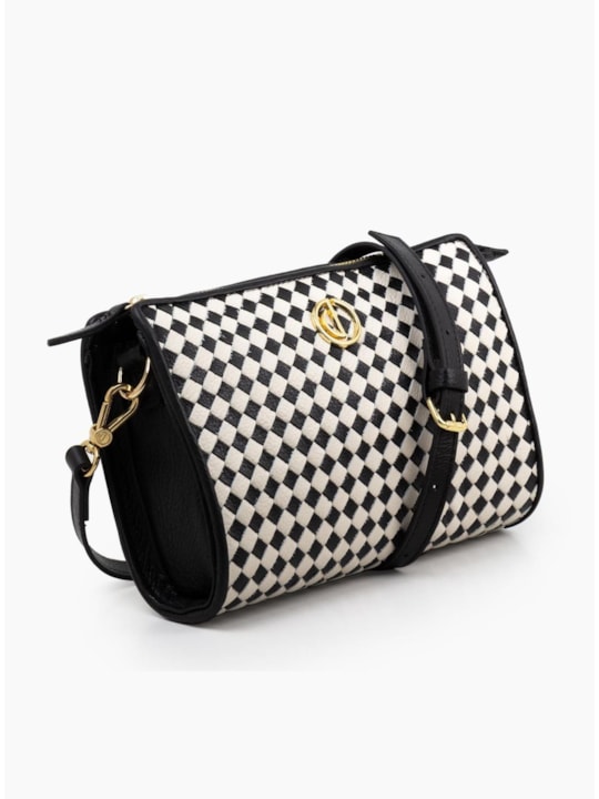 Bolsa Tiracolo tramado de Couro Preto/Off White