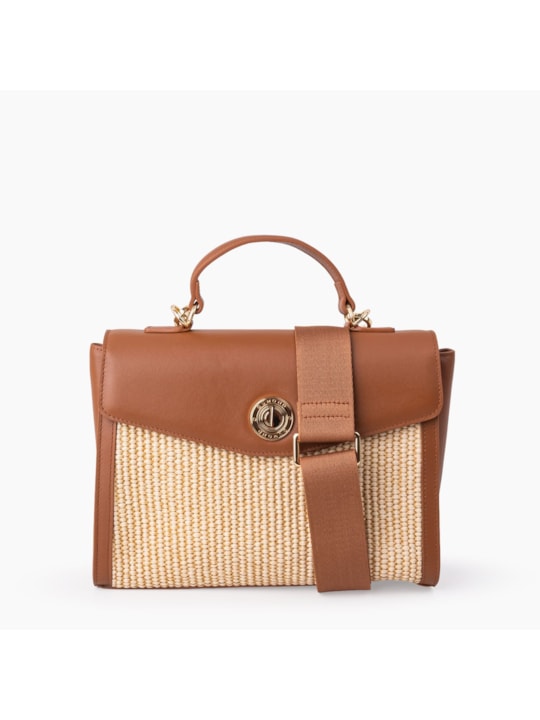 Bolsa Tote de Palha Couro Caramelo Mini