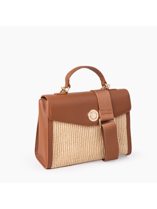Bolsa Tote de Palha Couro Caramelo Mini