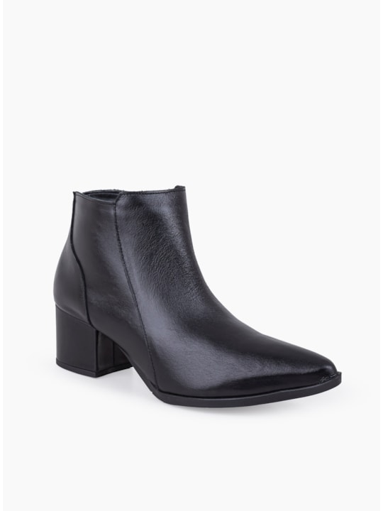 Bota Feminina Couro Preto Salto Bloco Bico Fino