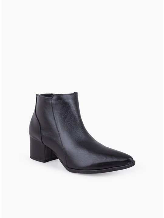 Bota Feminina Couro Preto Salto Bloco Bico Fino