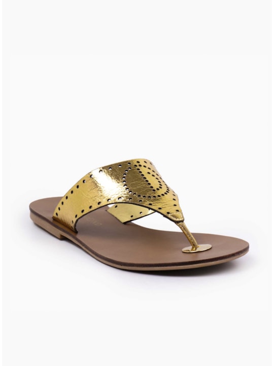Chinelo Flat Couro Metalizado Ouro