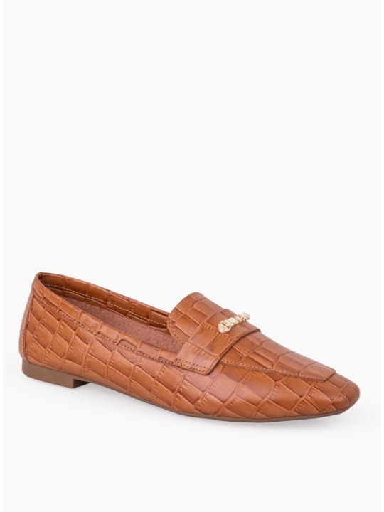 Mocassim Couro Croco Caramelo Bico Quadrado