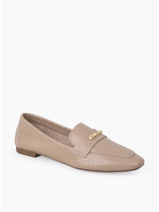 Mocassim Couro Snake Bege Bico Quadrado