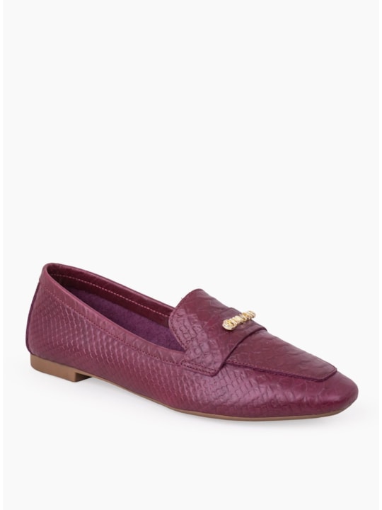 Mocassim Couro Snake Borgonha Bico Quadrado