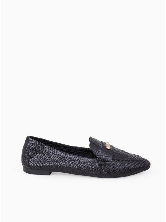 Mocassim Couro Snake Preto Bico Quadrado