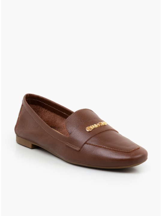Mocassim Feminino Couro Chocolate Bico Quadrado
