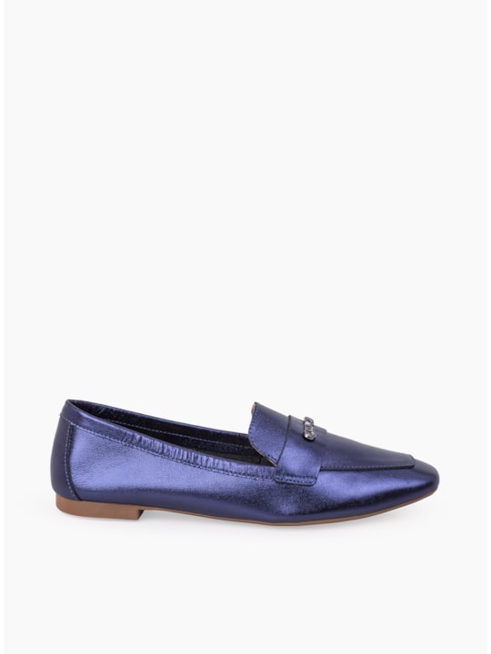 Mocassim Feminino Couro Metalizado Azul