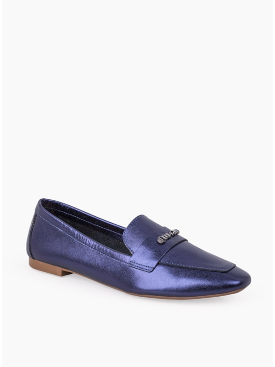 Mocassim Feminino Couro Metalizado Azul