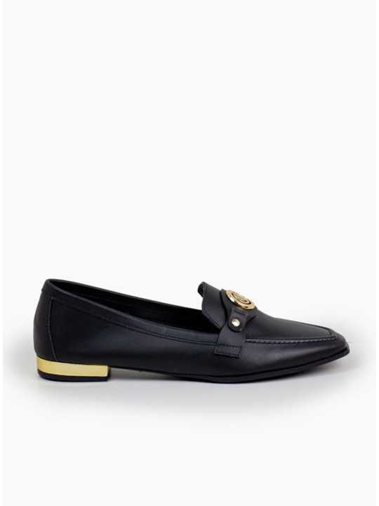 Mocassim Salto Baixo Bico Quadrado Couro Preto