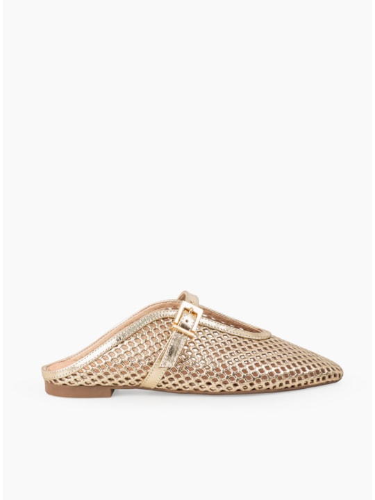 Mule Couro Vazado Metalizado Ouro Light