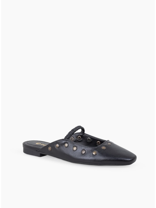 Mule Preto Couro Tacha