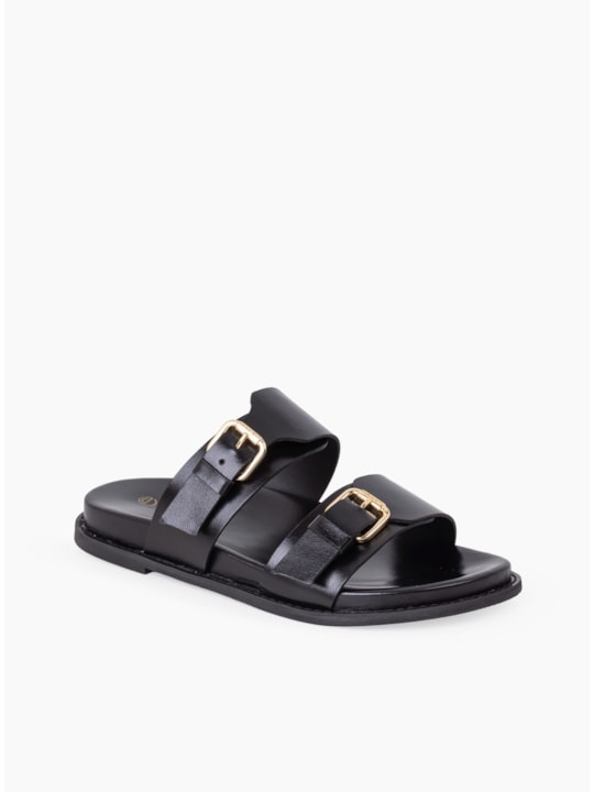 Papete Minimal Couro Preto Fivela Dourada