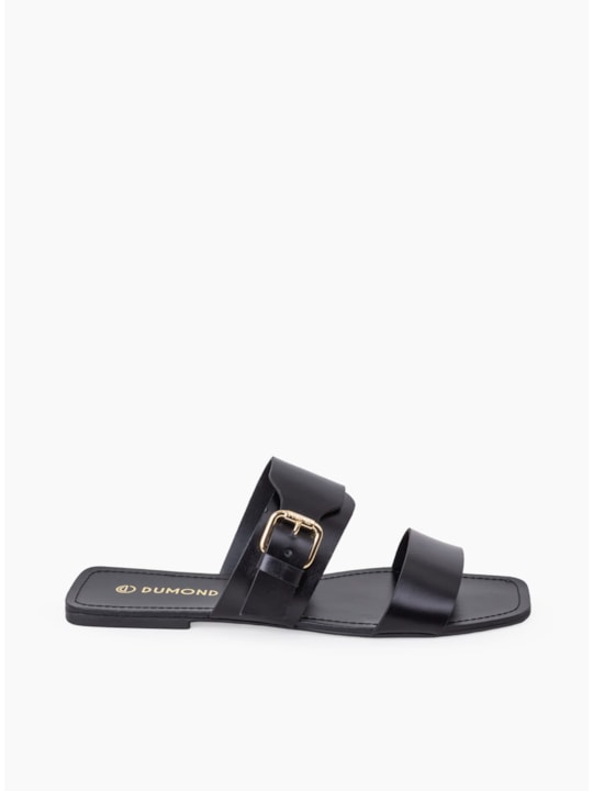 Rasteira Couro Preto Fivela Dourada