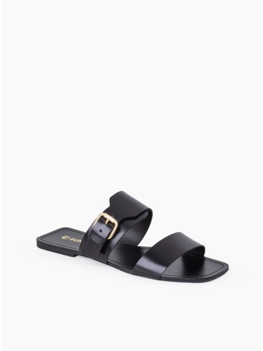 Rasteira Couro Preto Fivela Dourada