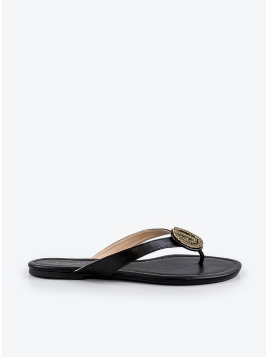 Rasteira Couro Preto Strass Elegância Casual
