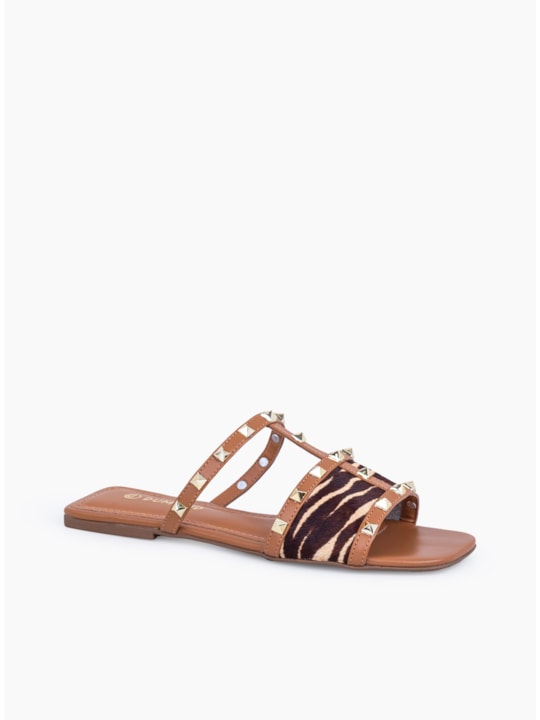Rasteira Pelo Zebra Ambar  Tachas Douradas