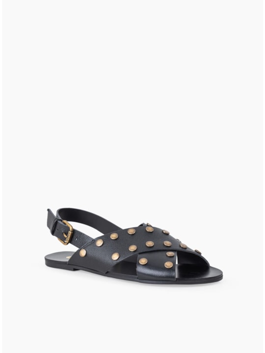 Rasteira Preto Couro Tachas