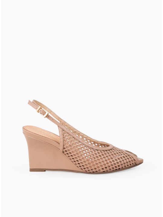 Sandália Anabela Peep Toe Couro Vazado Nude