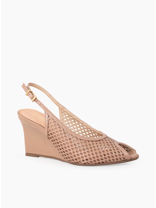 Sandália Anabela Peep Toe Couro Vazado Nude