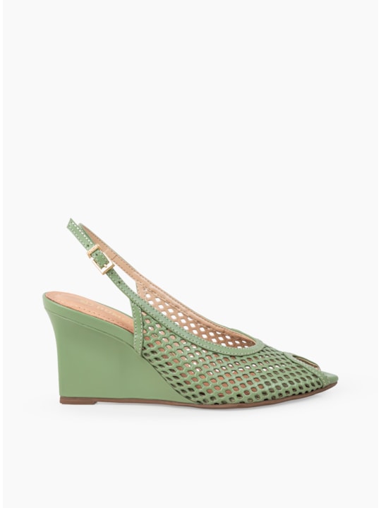 Sandália Anabela Peep Toe Couro Vazado Pistache