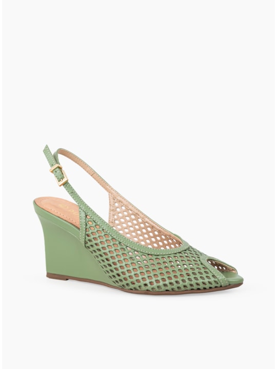 Sandália Anabela Peep Toe Couro Vazado Pistache