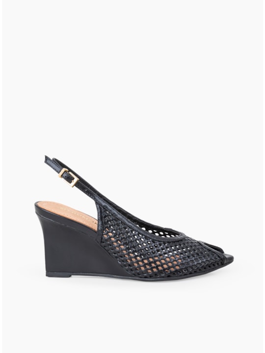 Sandália Anabela Peep Toe Couro Vazado Preto