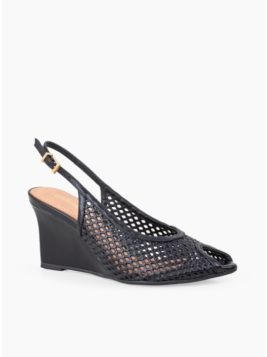 Sandália Anabela Peep Toe Couro Vazado Preto