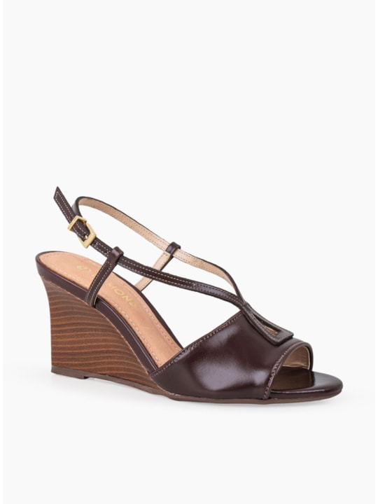 Sandália Anabela Slingback Couro Pinhão