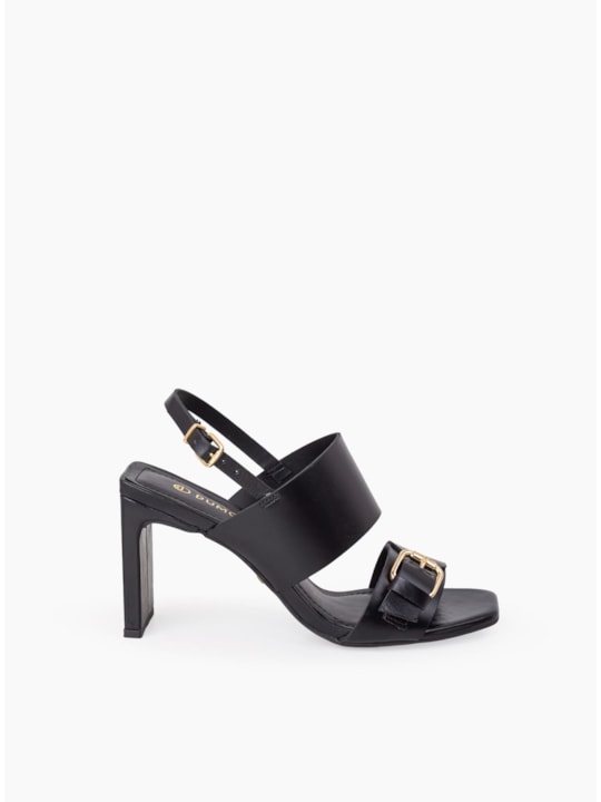 Sandália Couro Minimal Preto Salto Bloco Fivela