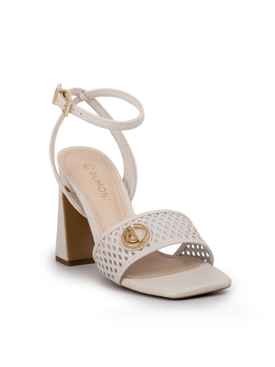 Sandália Feminina Couro Off White Salto Bloco