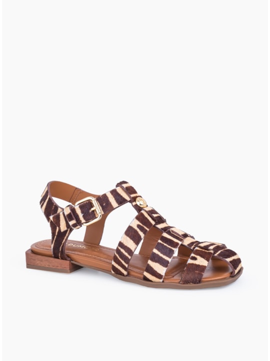 Sandália Flat Pelo Zebra Bege Feminina