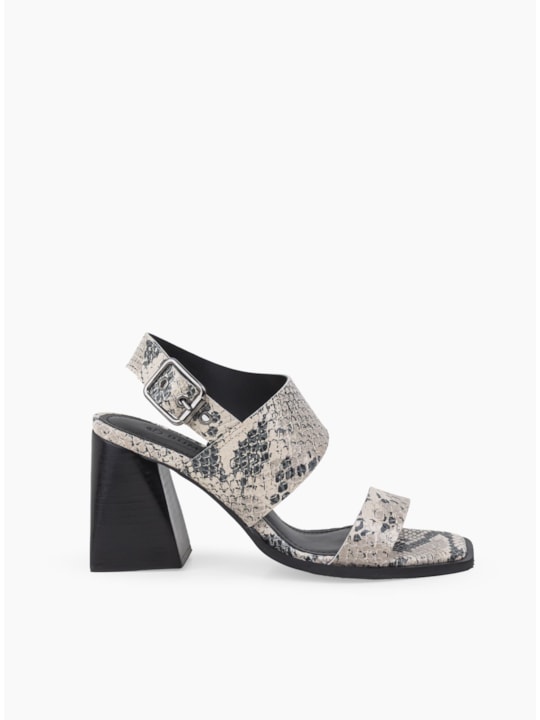 Sandália Off White/Preto Couro Snake Salto Bloco