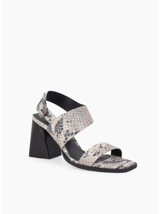Sandália Off White/Preto Couro Snake Salto Bloco