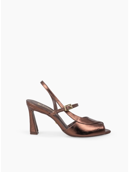 Sandália Peep Toe Metalizado Café Couro