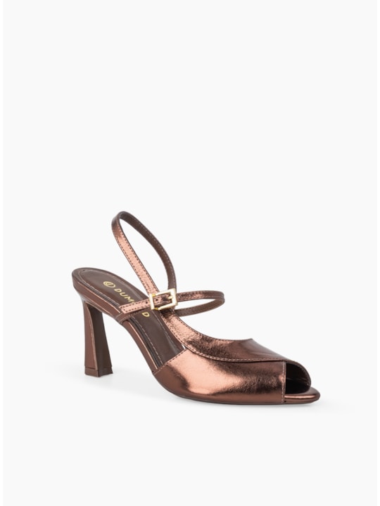 Sandália Peep Toe Metalizado Café Couro