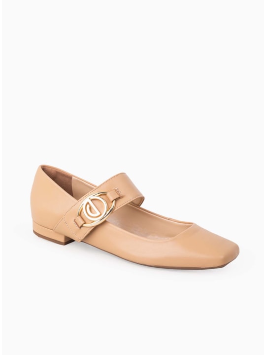 Sapatilha Couro Nude Fivela Quadrada