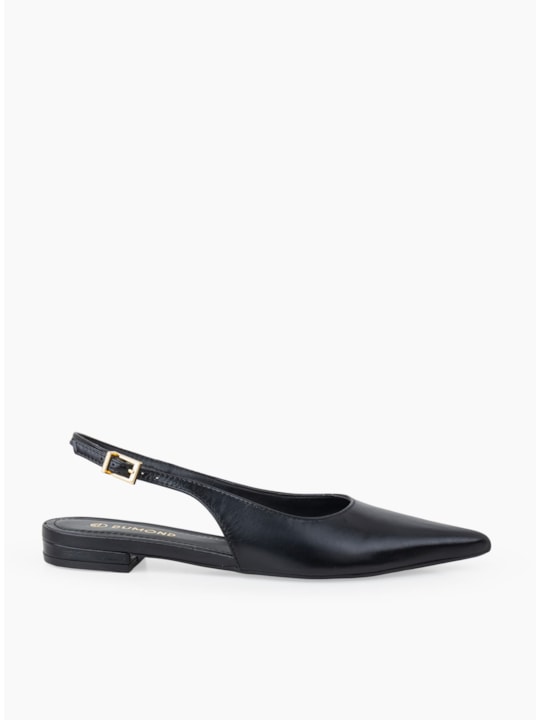 Sapatilha Couro Preto Slingback Bico Fino