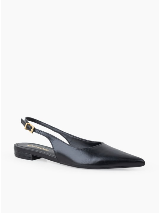 Sapatilha Couro Preto Slingback Bico Fino