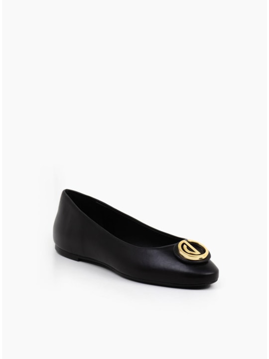Sapatilha Feminina Couro Preto Bico Redondo