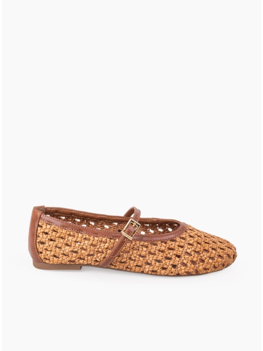 Sapatilha Ráfia Whisky Couro Fivela