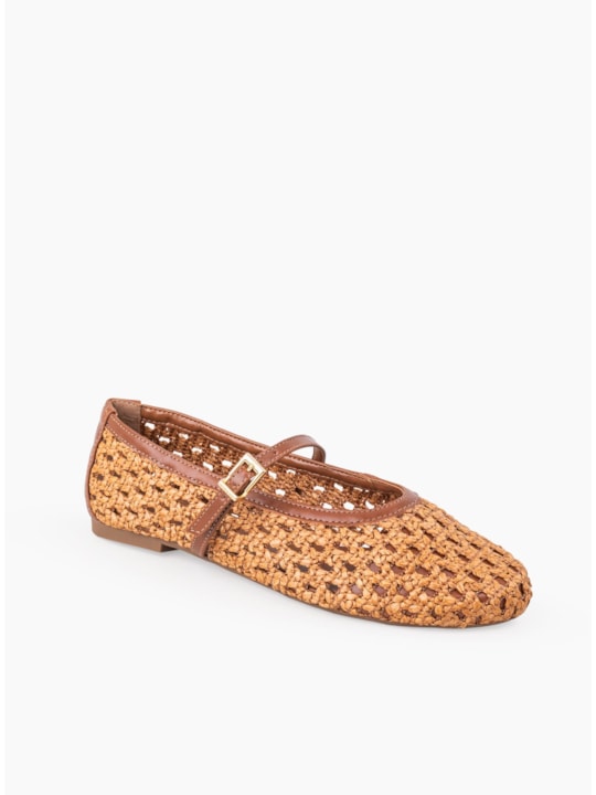 Sapatilha Ráfia Whisky Couro Fivela