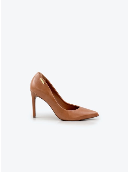Scarpin Couro Caramelo Bico Fino Salto Alto